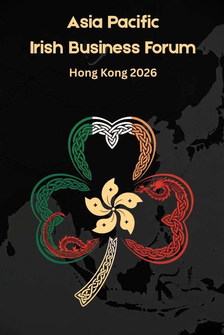 Asia Pacific Irish Business Forum Hong Kong 2026: a shamrock drawn around a gold bauhinia on black